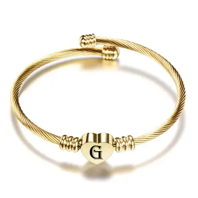 Women Minimalist 26 Alphabet Letter Heart Shape Stainless Steel Bangle