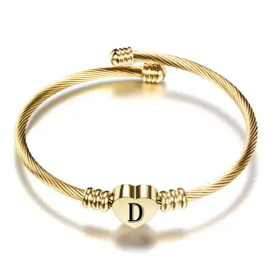 Women Minimalist 26 Alphabet Letter Heart Shape Stainless Steel Bangle