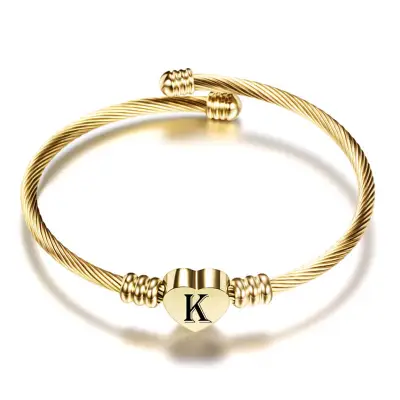 Women Minimalist 26 Alphabet Letter Heart Shape Stainless Steel Bangle