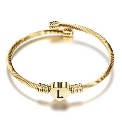 Women Minimalist 26 Alphabet Letter Heart Shape Stainless Steel Bangle