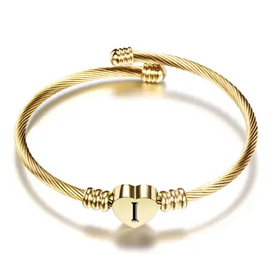 Women Minimalist 26 Alphabet Letter Heart Shape Stainless Steel Bangle