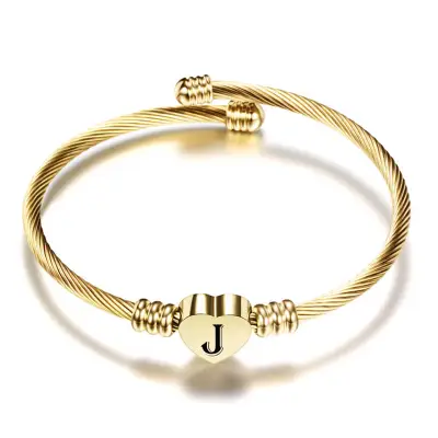 Women Minimalist 26 Alphabet Letter Heart Shape Stainless Steel Bangle
