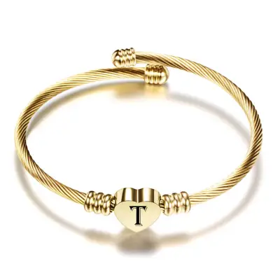 Women Minimalist 26 Alphabet Letter Heart Shape Stainless Steel Bangle