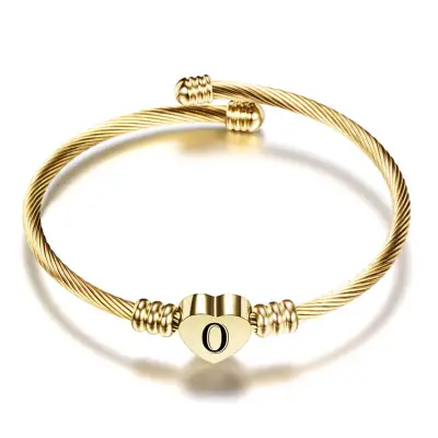 Women Minimalist 26 Alphabet Letter Heart Shape Stainless Steel Bangle