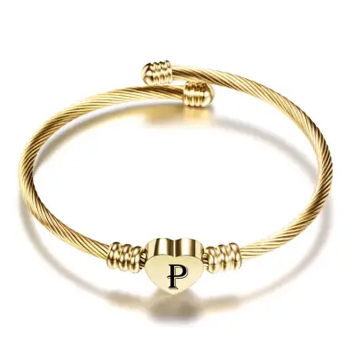 Women Minimalist 26 Alphabet Letter Heart Shape Stainless Steel Bangle