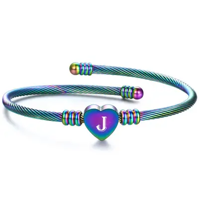 Women Fashion 26 Alphabet Letter Design Stainless Steel Geometric Bangles