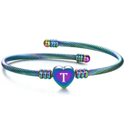 Women Fashion 26 Alphabet Letter Design Stainless Steel Geometric Bangles