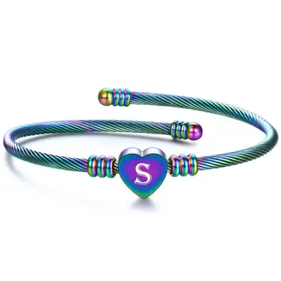 Women Fashion 26 Alphabet Letter Design Stainless Steel Geometric Bangles