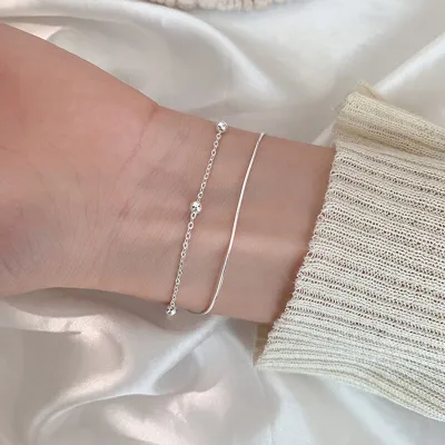 Women Simple Beads Decorate Double Layer Silver Geometric Bracelet