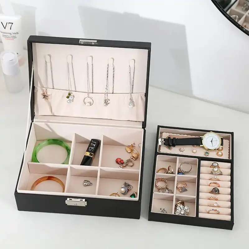 Solid Color Double-layer Jewelry Storage Box with Ear Stud Plate