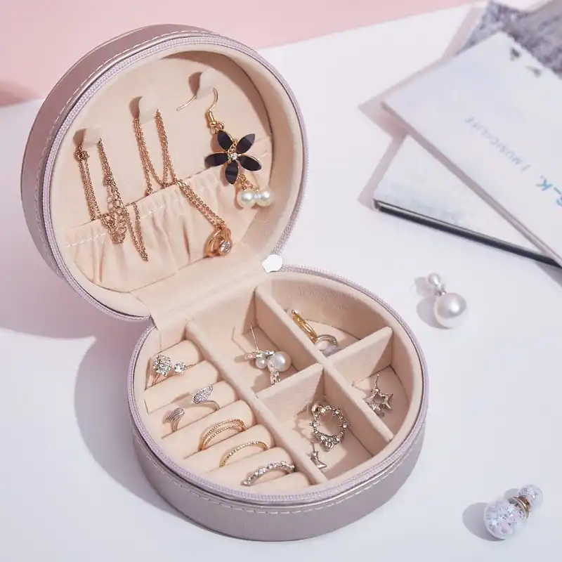 Simple Round Solid Color Jewelry Storage Box with Cortex Material, Portable Small Jewelry Box