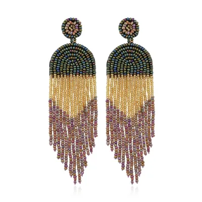 Hand-Made Bohemian Beaded Tassel Earrings Women's Rice Beads Microfiber