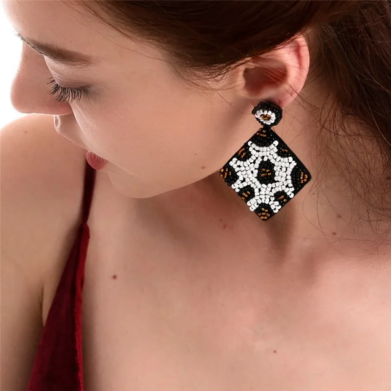 Handmade Beaded Geometric Square Drop Earrings