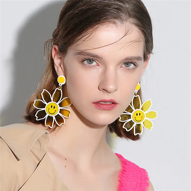 Simple Flower Smiley Acrylic Pendant Earrings for Women