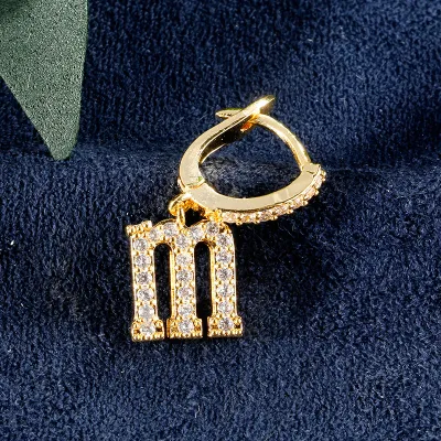 1pc English Alphabet Letter Pendant Zircon Decor Hoop Earrings Women's Copper Stud Earrings