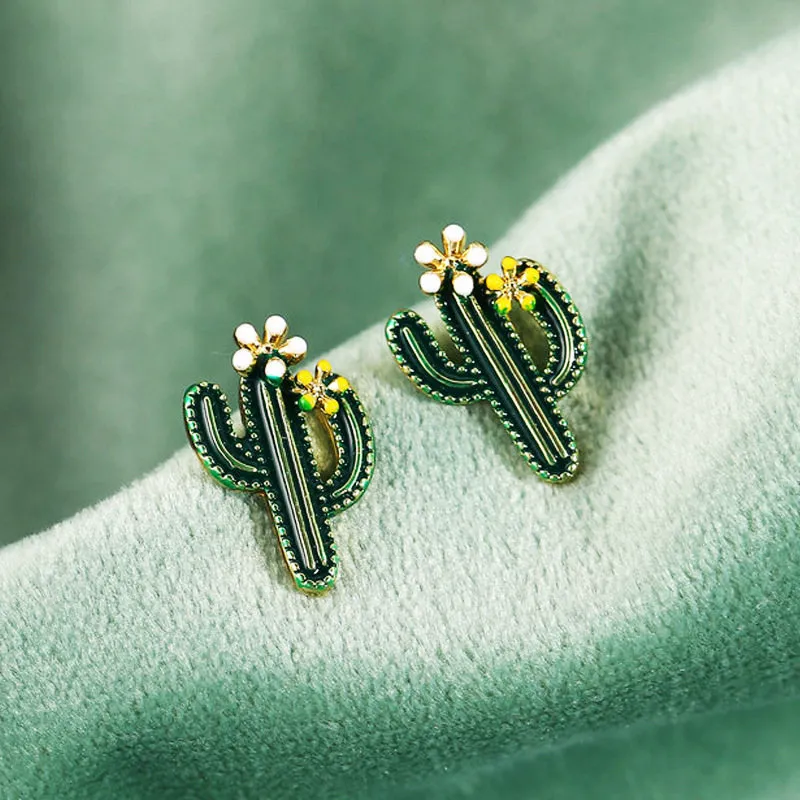 Cute Green Enamel Cactus Stud Earrings for Women Alloy