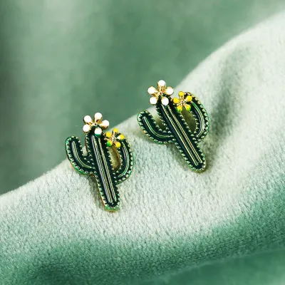 Cute Green Enamel Cactus Stud Earrings for Women Alloy
