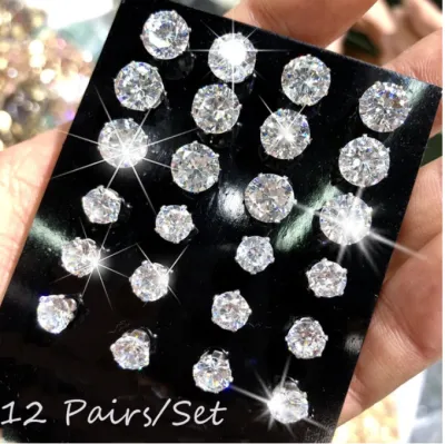 12pairs/set Shiny Imitation Crystal Geometric Stud Earrings Set