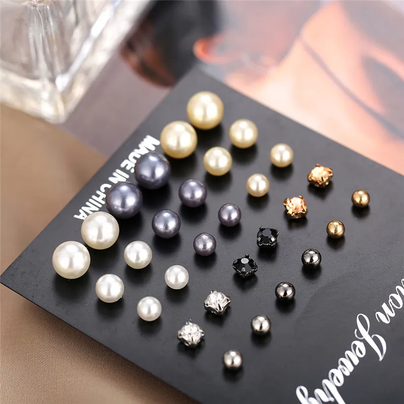 15 Pairs Creative Imitation Diamond Pearl Earrings Set