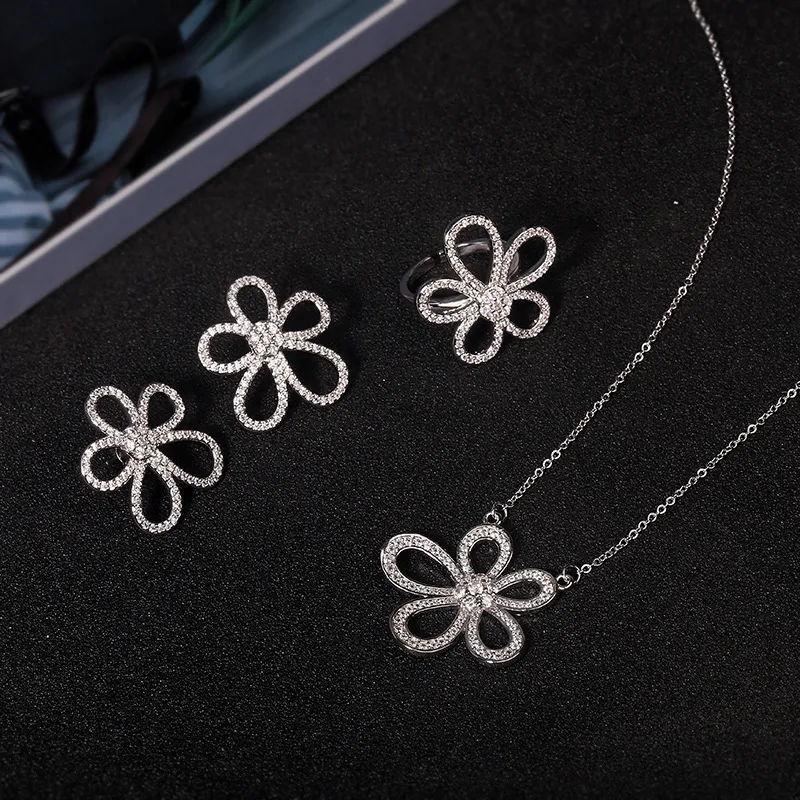 Fashion Zircon Inlaid Flower Design Stud Earrings Necklace Ring Set for Women Silver
