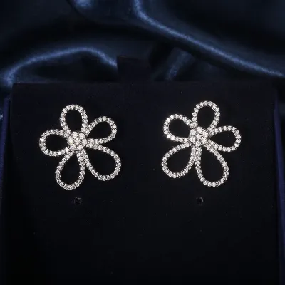 Fashion Zircon Inlaid Flower Design Stud Earrings Necklace Ring Set for Women Silver