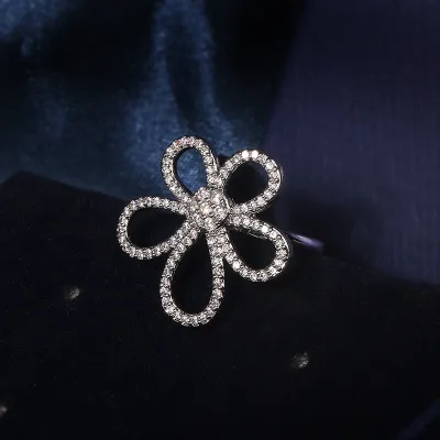 Fashion Zircon Inlaid Flower Design Stud Earrings Necklace Ring Set for Women Silver
