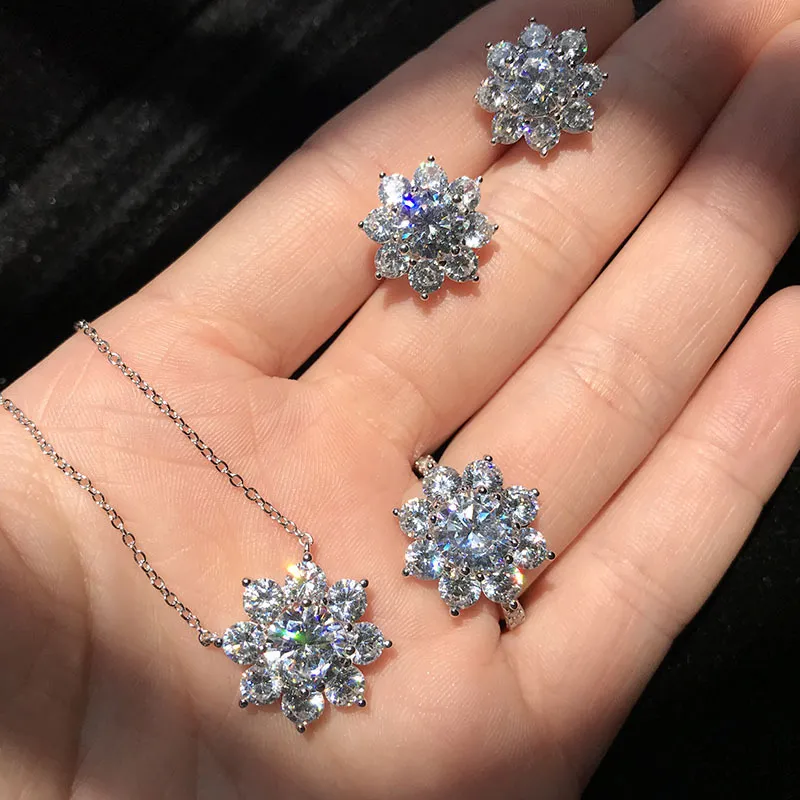 Fashion Zircon Inlaid Flower Pendant Necklace Earrings Ring for Women