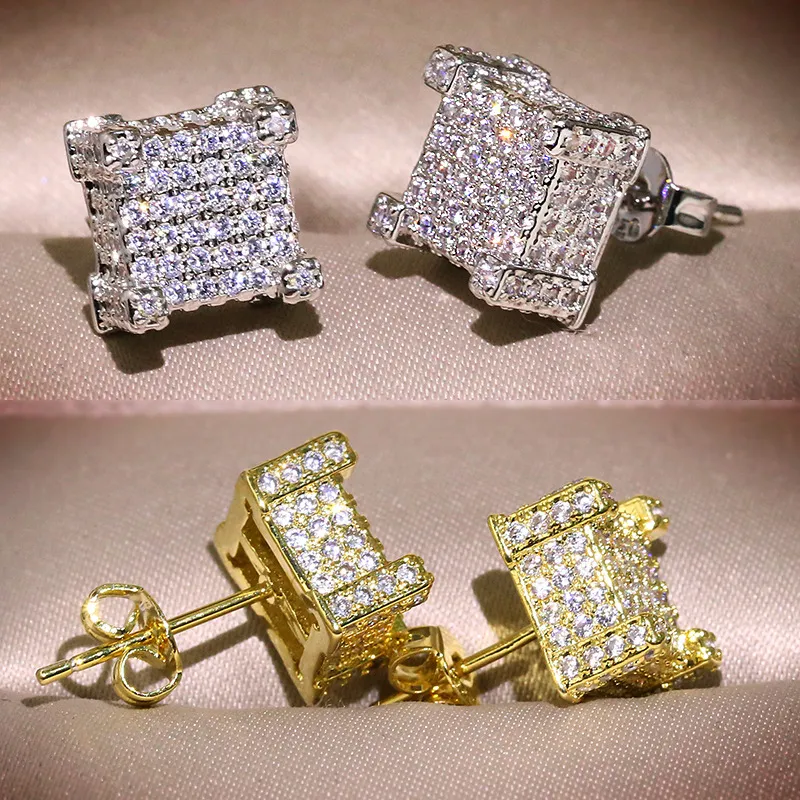 Hip Hop Full Zircon Square Stud Earrings