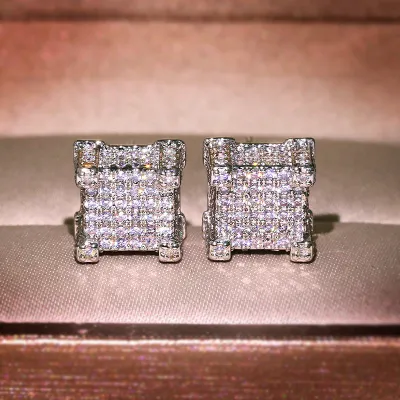 Hip Hop Full Zircon Square Stud Earrings
