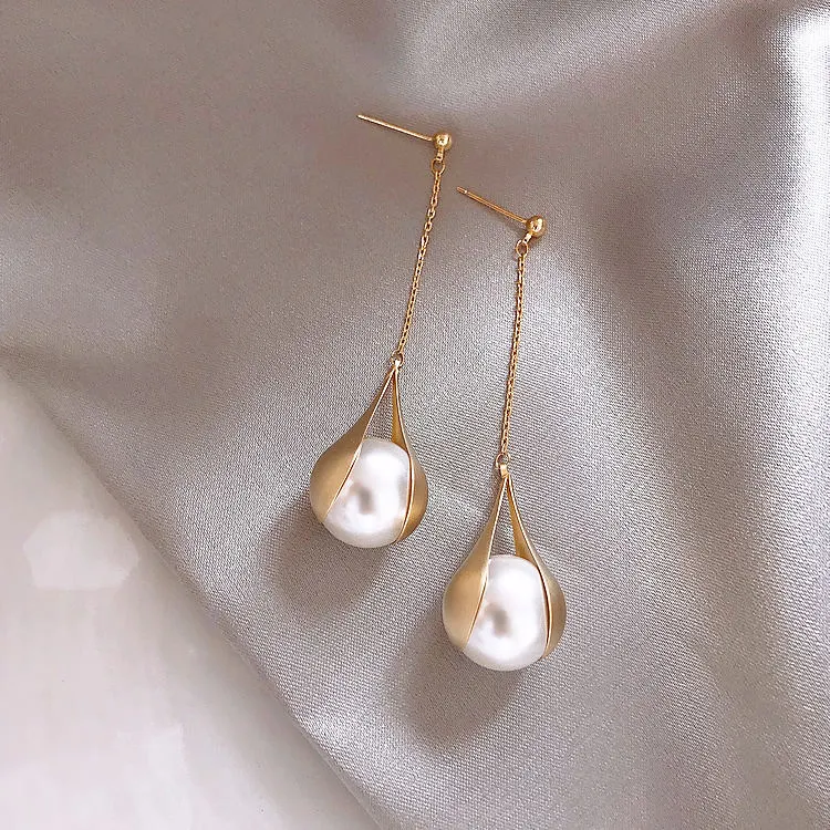 S925 Silver Needle Long Pearl Drop Earrings Geometric Dream Series For Women
