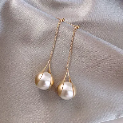 S925 Silver Needle Long Pearl Drop Earrings Geometric Dream Series For Women