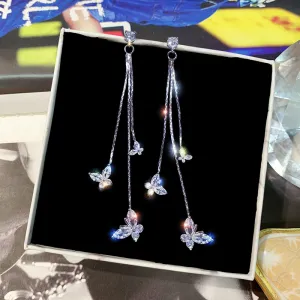 Shiny Butterfly Pendant Zircon Inlaid Tassel Drop Earrings