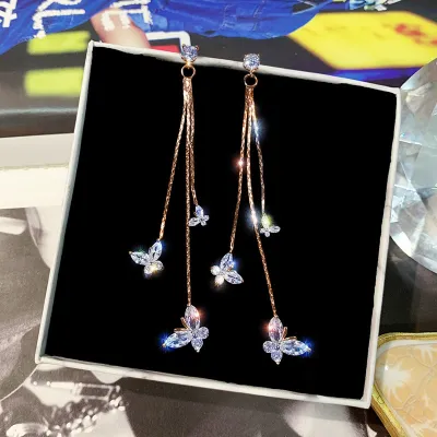 Shiny Butterfly Pendant Zircon Inlaid Tassel Drop Earrings