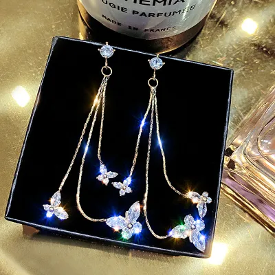 Shiny Butterfly Pendant Zircon Inlaid Tassel Drop Earrings