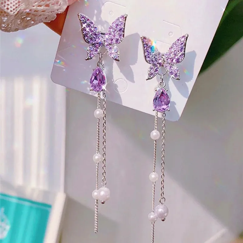 Creative Butterfly Design Rhinestone Pearl Decor Tassel Drop Earrings