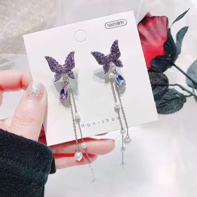 Creative Butterfly Design Rhinestone Pearl Decor Tassel Drop Earrings