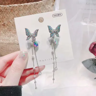 Creative Butterfly Design Rhinestone Pearl Decor Tassel Drop Earrings