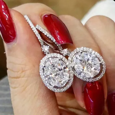 Women Shiny Oval Zircon Decor Copper Earrings