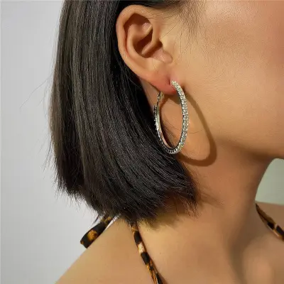 Women Exaggerated Rhinestones Decor Round Earrings