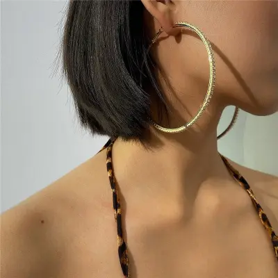 Women Exaggerated Rhinestones Decor Round Earrings