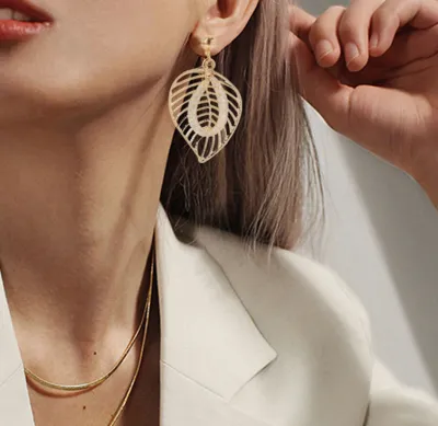 Women Simple Hollow Out Leaf Shaped Alloy Earrings