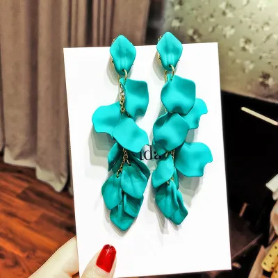 Women 925 Silver Needle Long Rose Petal Shaped Earrings