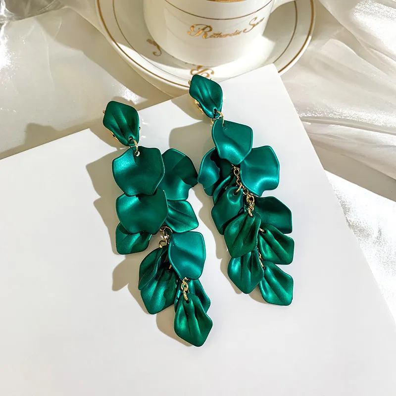 Women 925 Silver Needle Long Rose Petal Shaped Earrings