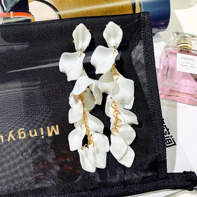 Women 925 Silver Needle Long Rose Petal Shaped Earrings