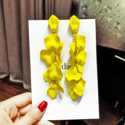 Women 925 Silver Needle Long Rose Petal Shaped Earrings