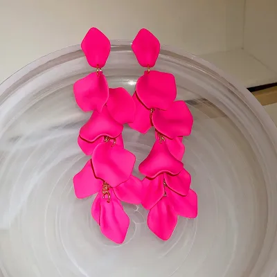 Women 925 Silver Needle Long Rose Petal Shaped Earrings