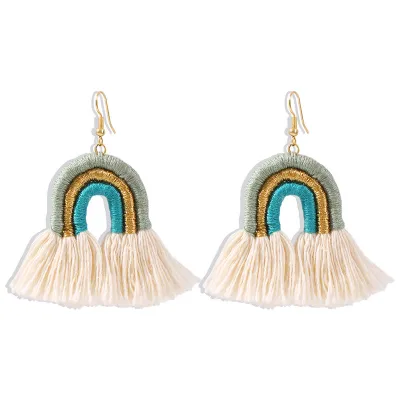 Boho Woven Rainbow Shape Design Tassel Earrings For Women