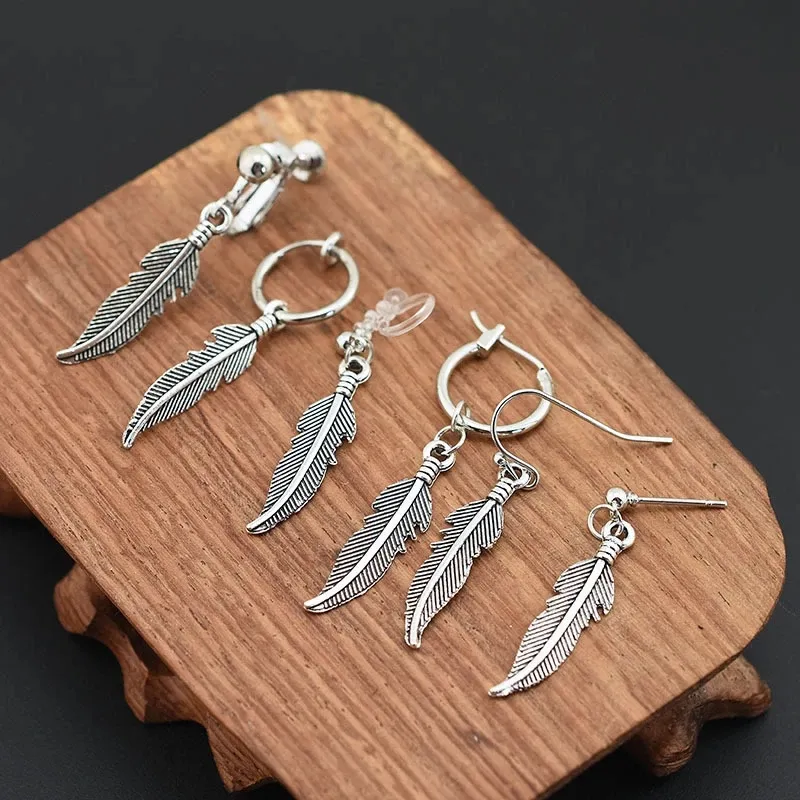 Women Retro Feather Shaped Alloy Earrings