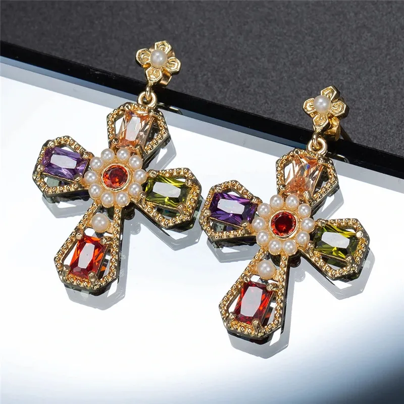 Women Zircon Decor Cross Shaped Earrings