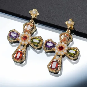 Women Zircon Decor Cross Shaped Earrings